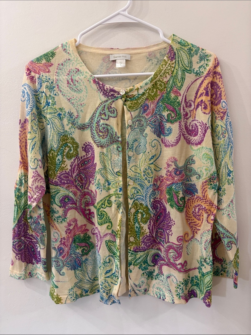 Garnet Hill Cream Paisley Button-Front cardigan - 100% merino wool - XL